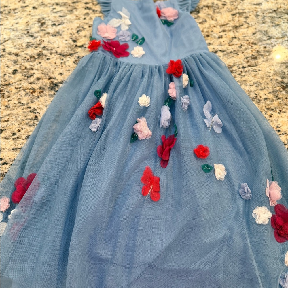 Mini Boden Blue Chiffon Dress with Floral Appliques